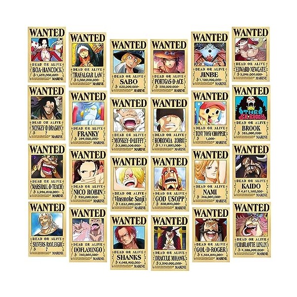 LGQHCE 24 Pièces One Piece Wanted Posters Anime Set Manga Affiche Aesthetic Papier Peint Manga Autocollant Anime Deco Tableau