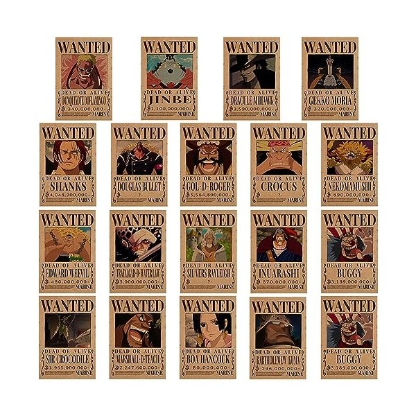 OBLRXM 20 Pièces Anime Poster, One Piece Wanted Posters, Poster Manga Poster Vintage Papier Kraft, Décoration de Chambre, pou