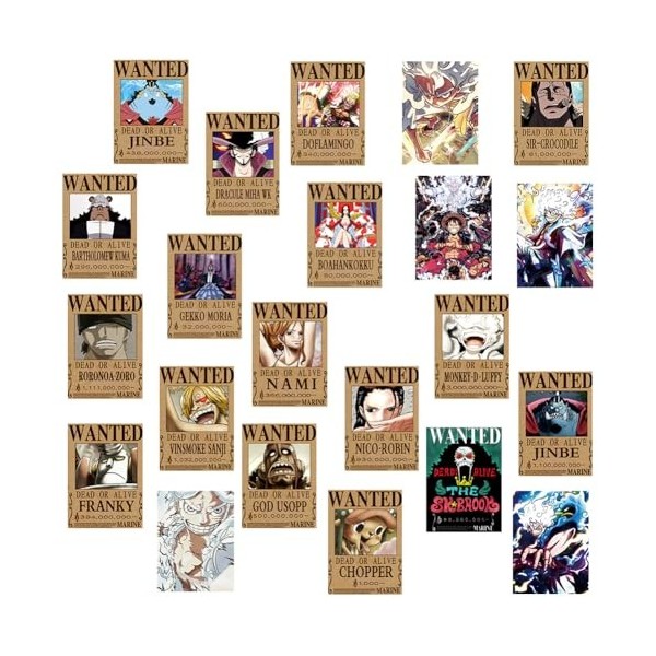 IOSCDH Lot de 22 Posters One Piece Wanted, Anime Poster, Affiche One Piece Wanted, Poster Vintage Papier Kraft, Décoration de