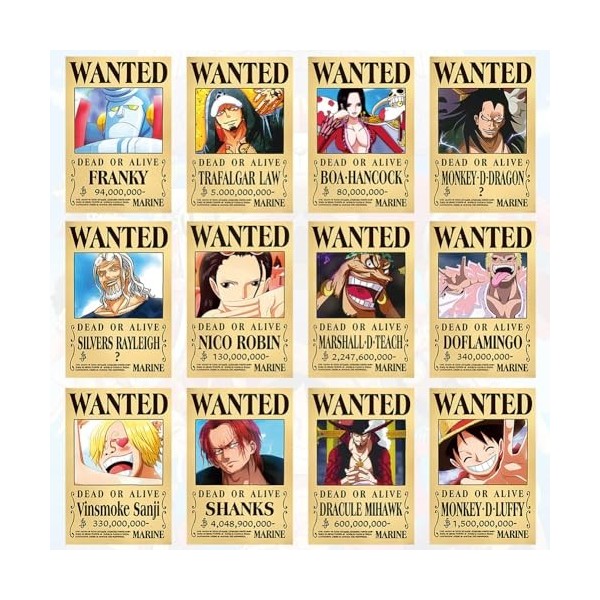 CBOSNF One Piece Wanted Poster 24 Pièces One Bounty Voulait Poster,Chapeau de paille Pirates Manga Poster Vintage Papier Kraf