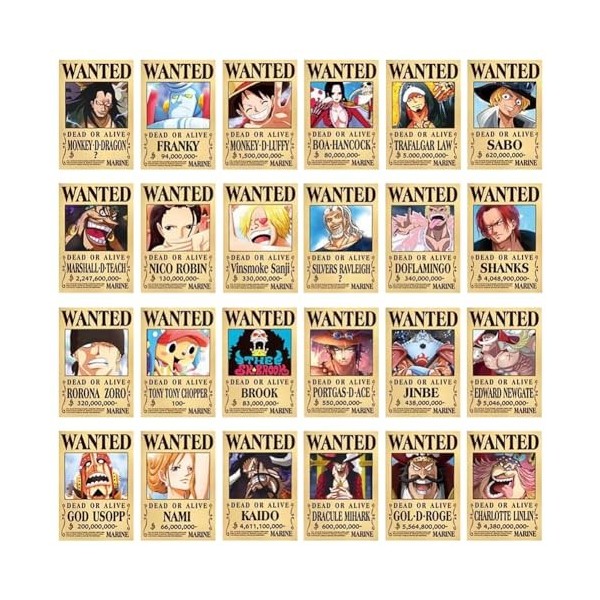 IOSCDH Poster 24 feuilles One Piece Wanted Poster Anime Poster Vintage Affiche Anime décoration dintérieur Décoration Anime 