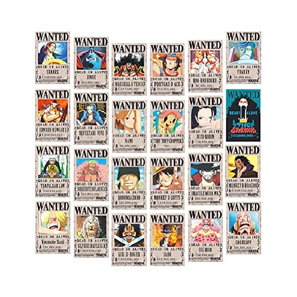 24 pièces Anime Wanted Reward Affiches, One Piece Anime Wall Poster, 28.5 * 19.5CM Décoration de la Maison Wall Sticker Paper