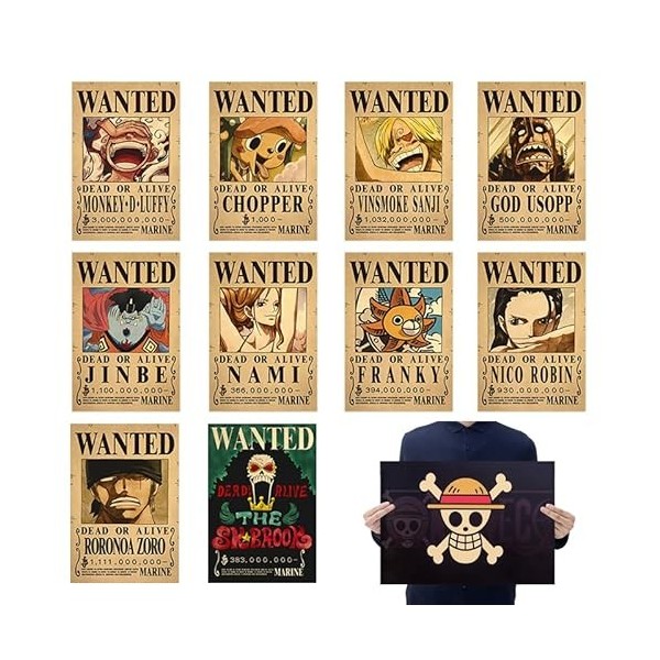 OBLRXM 10 Pièces Anime Poster, One Piece Wanted Posters, Poster Manga Poster Vintage Papier Kraft, Décoration de Chambre, pou