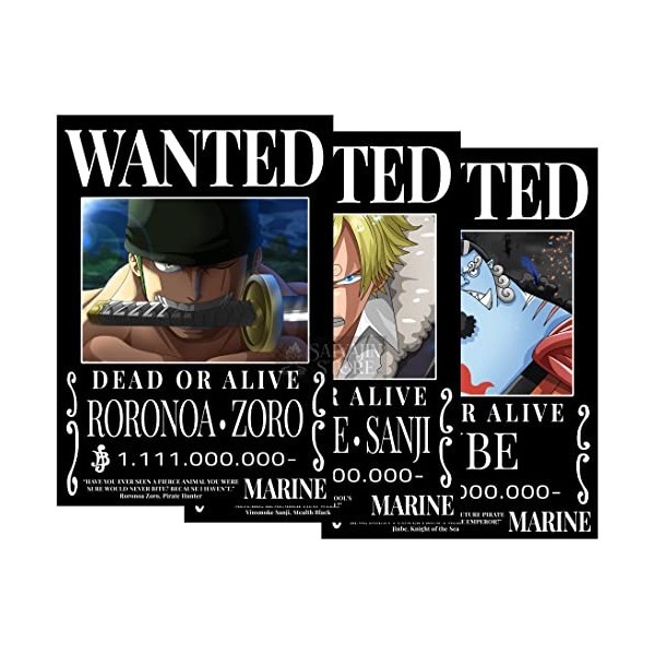3 en 1 One Piece Anime Monster Trio [Style noir] Wanted Posters, Zoro Sanji Jinbei | Lot de 3 DIN A3 297 x 420 mm Mat