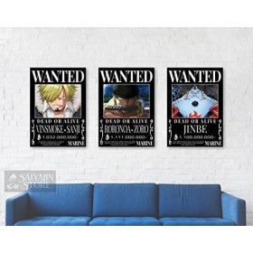 3 en 1 One Piece Anime Monster Trio [Style noir] Wanted Posters, Zoro Sanji Jinbei | Lot de 3 DIN A3 297 x 420 mm Mat