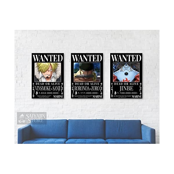 3 en 1 One Piece Anime Monster Trio [Style noir] Wanted Posters, Zoro Sanji Jinbei | Lot de 3 DIN A3 297 x 420 mm Mat