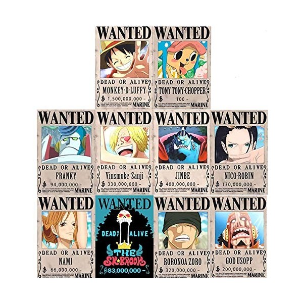 Tbrand – Lot de 10 affiches de One Piece « Wanted » avec lÉquipage du Chapeau de Paille, Luffy, Chopper, Zoro, Nami, Usopp, 