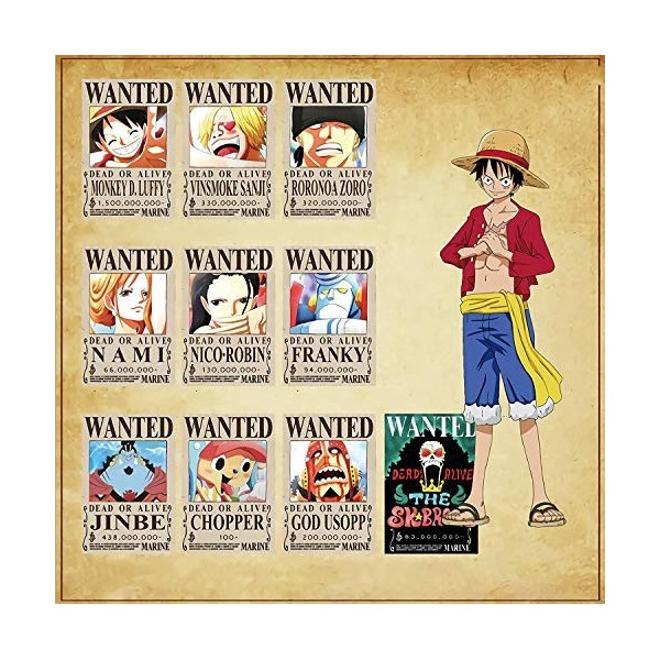 Tbrand – Lot de 10 affiches de One Piece « Wanted » avec lÉquipage du Chapeau de Paille, Luffy, Chopper, Zoro, Nami, Usopp, 
