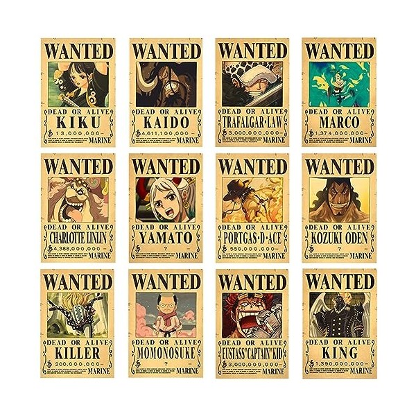 OBLRXM 12 Pièces Anime Poster, One Piece Wanted Posters, Poster Manga Poster Vintage Papier Kraft, Décoration de Chambre, pou
