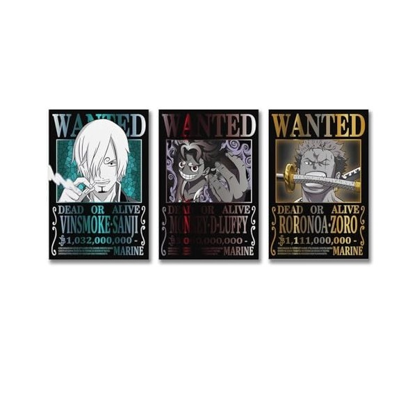 Poster One Piece Wanted de Zoro Sanji Luffy - Impression sur toile - 50 x 75 cm