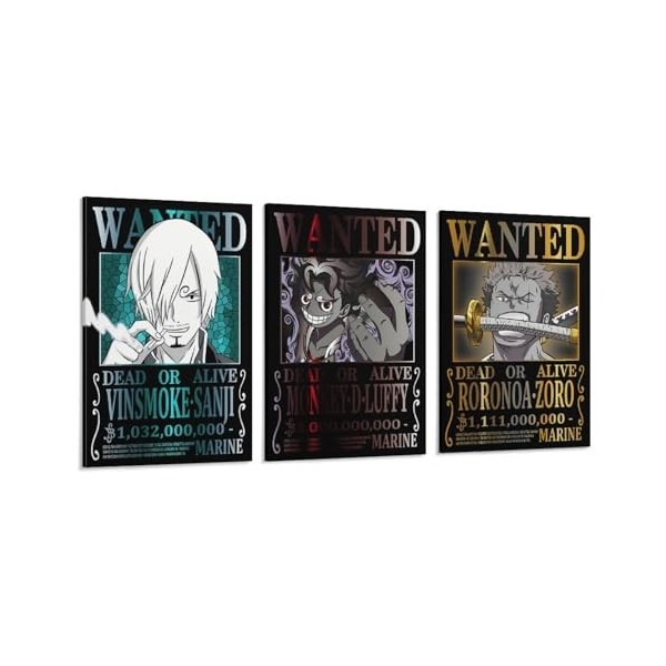 Poster One Piece Wanted de Zoro Sanji Luffy - Impression sur toile - 50 x 75 cm