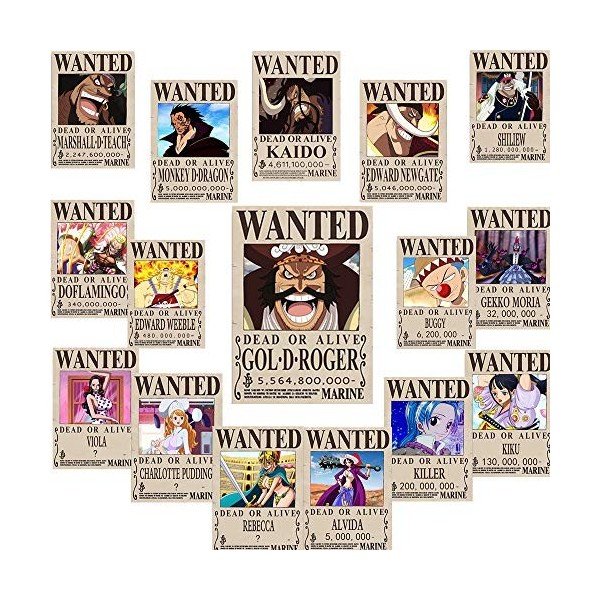 ROSETOR Lot de 16 affiches One Piece « Wanted » - 42 x 29 cm - Personnage de Luffy avec chapeau de paille et son équipage