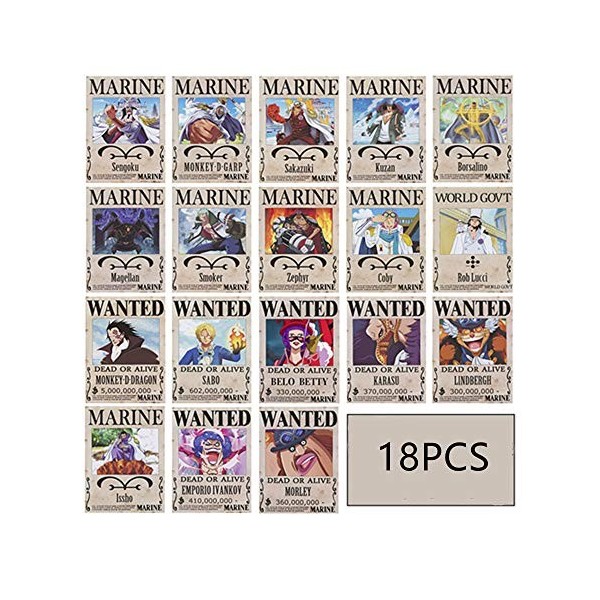 ROSETOR Lot de 18 affiches One Piece Wanted 42 cm × 29 cm, nouvelle édition One Piece Pirates Wanted Posters, amiral du monde