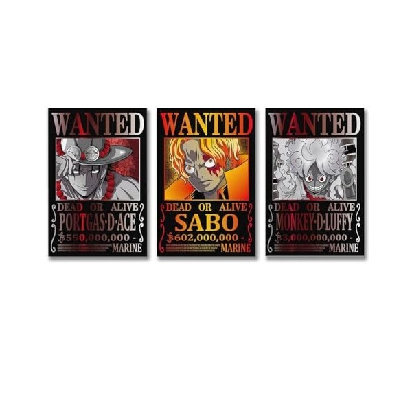 Poster One Piece Wanted Luffy Ace Sabo - Impression sur toile - 20 x 30 cm