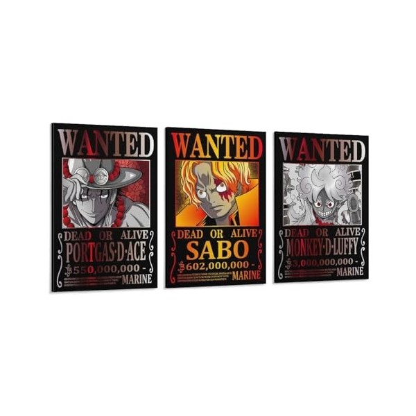 Poster One Piece Wanted Luffy Ace Sabo - Impression sur toile - 20 x 30 cm