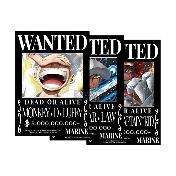 One Piece Anime Supernova Trio 3 en 1 [Black Style] Wanted Posters, Monkey D. Luffy Trafalgar Law Eustass Captain Kid | Lot d