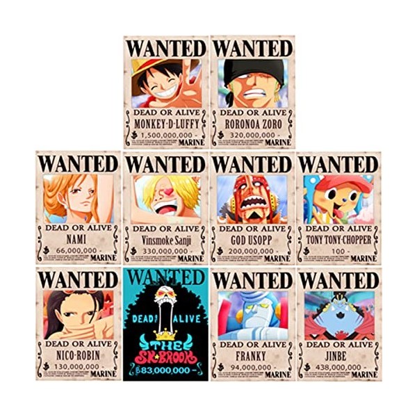 通用 One Piece Wanted Posters, 42cm × 29cm, Anime Stickers muraux New Straw Hat Pirates 