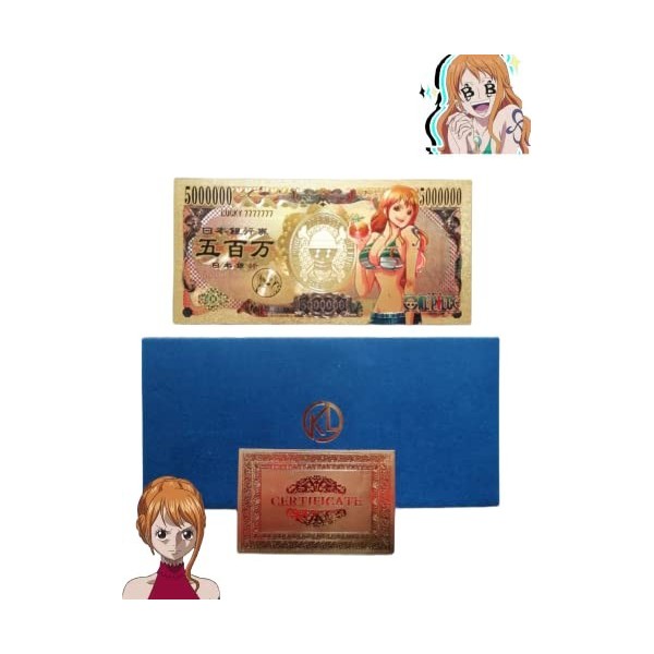 1PCS Billet One Piece Nami avec certificat dauthenticité, Billet de Banque dor Anime, Manga One Piece Marque-Page à Collect