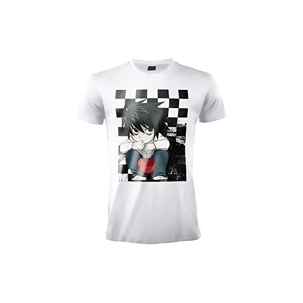 Difuzed T-shirt Death Note. Personnage Elle L Lawliet . T-shirt blanc officiel. T-shirt unisexe, adulte et garçon., Blanc, X