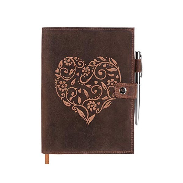 MOONSTER® Carnet de Notes ou Journal Intime pour Femmes en Cuir Véritable - Magnifique Bloc Note avec un Joli Cœur en Relief 