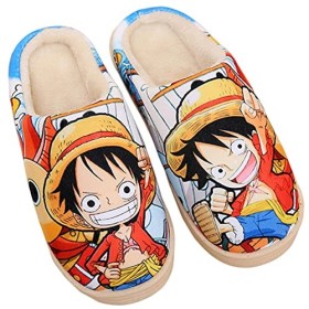 WANHONGYUE Anime One Piece Luffy Pantoufles de Maison Homme Femme Hiver Peluche Chaude Chaussons Intérieur Extérieur Antidéra