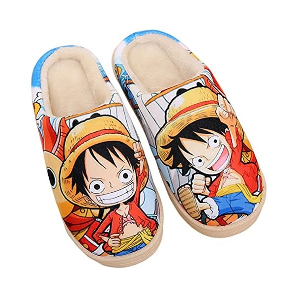 WANHONGYUE Anime One Piece Luffy Pantoufles de Maison Homme Femme Hiver Peluche Chaude Chaussons Intérieur Extérieur Antidéra