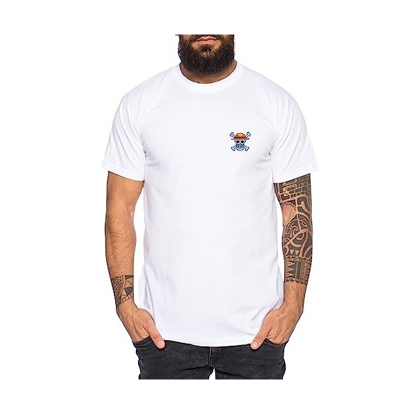 Ruffy T-Shirt Brodé Homme - Broderie Chemise Straw Hat One Pirate Piece Anime Luffy Zoro, Tasse:Blanc, Taille:L