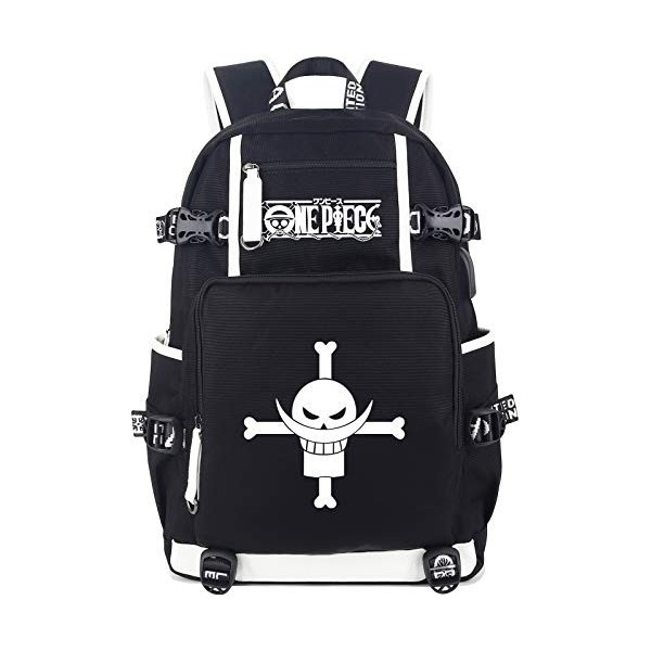 Roffatide Anime One Piece Whitebeard Pirates Lumineux Cartable Sac à Dos Ordinateur Portable avec Port de Chargement USB et P