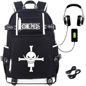 Roffatide Anime One Piece Whitebeard Pirates Lumineux Cartable Sac à Dos Ordinateur Portable avec Port de Chargement USB et P