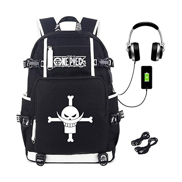 Roffatide Anime One Piece Whitebeard Pirates Lumineux Cartable Sac à Dos Ordinateur Portable avec Port de Chargement USB et P