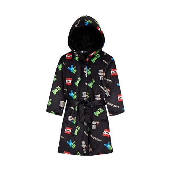 Minecraft Robe de Chambre Enfant, Peignoir en Polaire Enfant Ado 5-14 Ans 7-8 ans, Noir 