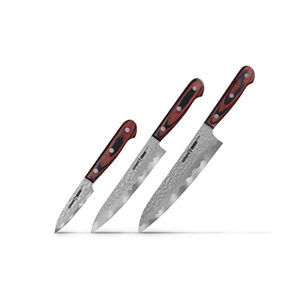 Samura KAIJU Set de 3 Couteaux Professionnel Japonais en acier très dur avec manche en bois confortable et stabilisé Dureté 5