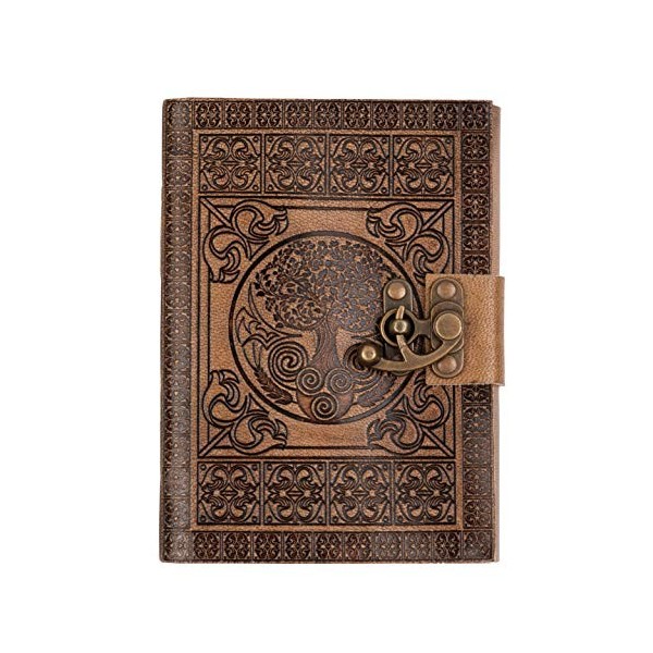DreamKeeper Journal en cuir fait main, carnet de voyages motif celtique en relief, design original avec motif arbre de vie, a