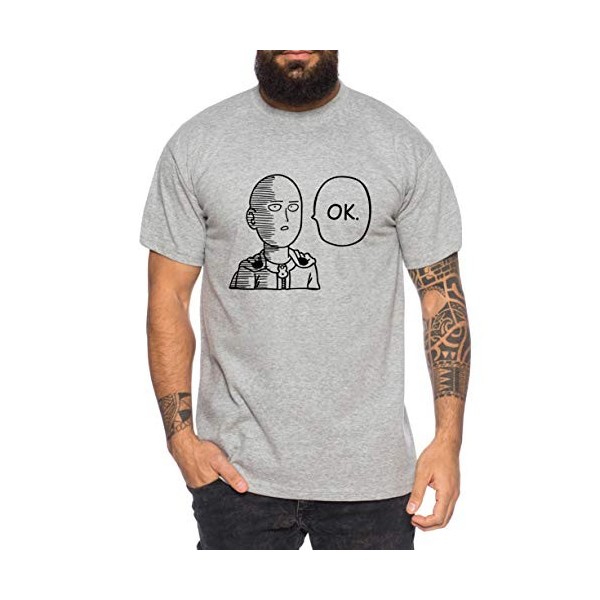 Saitama OK T-Shirt pour Homme Saitama Punch One Anime Manga, Farbe2:Gris Chiné, Größe2:Small