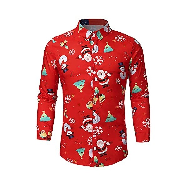 JJPAR Chemises de Noël Moche pour Hommes T-Shirts Boutonnés à Manches Longues 3D Funky Chemise Hawaïenne Imprimé Père Noël Hi