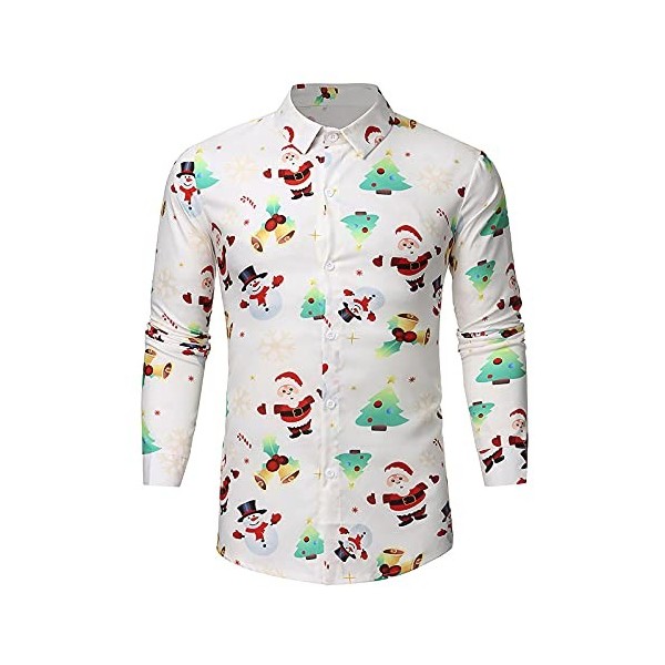 JJPAR Chemises de Noël Moche pour Hommes T-Shirts Boutonnés à Manches Longues 3D Funky Chemise Hawaïenne Imprimé Père Noël Hi