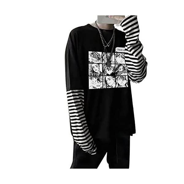 INVIMS Hanemiya Kazutora Harajuku Anime Hommes T-Shirt Mode à Manches Longues col Rond surdimensionné Faux Deux pièces T-Shir