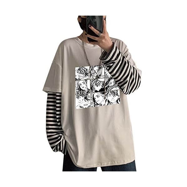 INVIMS Hanemiya Kazutora Harajuku Anime Hommes T-Shirt Mode à Manches Longues col Rond surdimensionné Faux Deux pièces T-Shir