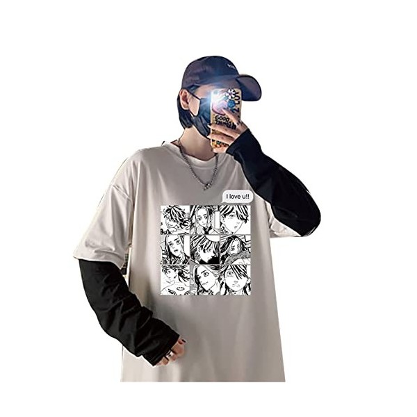INVIMS Hanemiya Kazutora Harajuku Anime Hommes T-Shirt Mode à Manches Longues col Rond surdimensionné Faux Deux pièces T-Shir