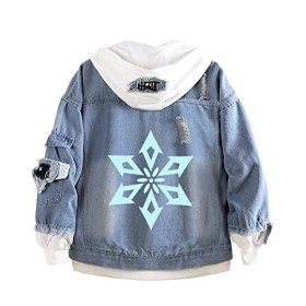westtrend Genshin Impact Denim Hoodie Jacket Unisexe Casual Faux Deux Sweatshirts Anime Print Hooded Jeans Coat