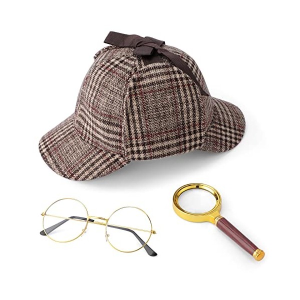 Hifot 3 Pcs Déguisement Detective Accessoire Ensemble Détective, Casquette Deerstalker Verres à Monture Dorée Loupe à Manche 