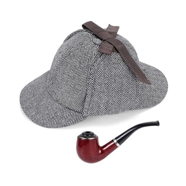 Hifot 3 Pcs Déguisement Detective Accessoire Ensemble Détective, Casquette Deerstalker Verres à Monture Dorée Loupe à Manche 