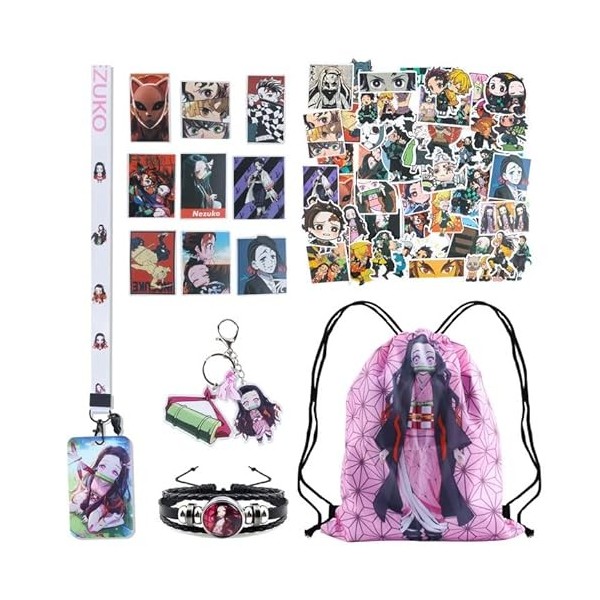 HERMJ Coffret Cadeau Demon Slayer,54 Pcs Cadeau Demon Slayer avec Sac à Dos avec Cordon de Serrage, Autocollants,Porte CléS,B