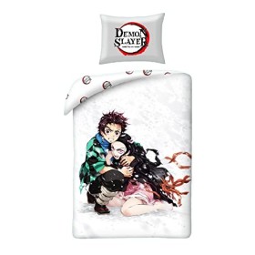Parure de lit Demon Slayer 100% Coton, Blanc, Housse de Couette 140x200 cm et Taie doreiller 65x65 cm, avec Tanjiro Kamado e