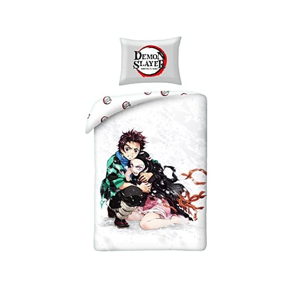 Parure de lit Demon Slayer 100% Coton, Blanc, Housse de Couette 140x200 cm et Taie doreiller 65x65 cm, avec Tanjiro Kamado e