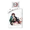 Parure de lit Demon Slayer 100% Coton, Blanc, Housse de Couette 140x200 cm et Taie doreiller 65x65 cm, avec Tanjiro Kamado e