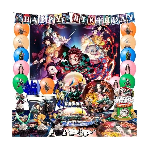 Demon Slayer la Fête set,112pcs Décoration Anniversaire Demon Slayer kit-Ballons Demon Slayer Assiette Bannière etc Fournitur