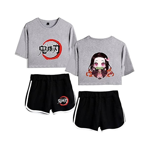 Yumenam Femme Demon Slayer Anime 2PCS Survêtement Kamado Nezuko Imprimé Crop Tops + Shorts Ensemble Casual Manches Courtes Te