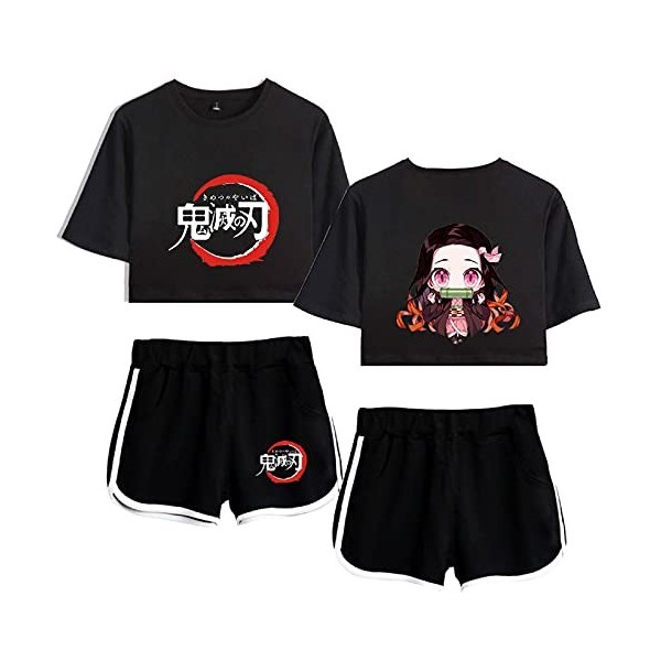 Yumenam Femme Demon Slayer Anime 2PCS Survêtement Kamado Nezuko Imprimé Crop Tops + Shorts Ensemble Casual Manches Courtes Te