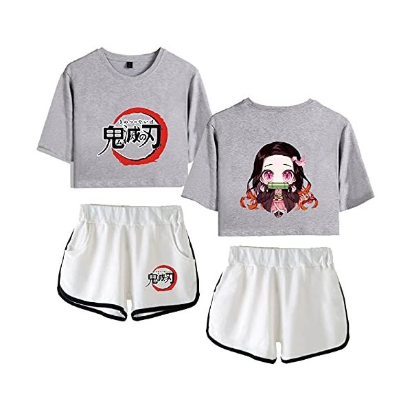 Yumenam Femme Demon Slayer Anime 2PCS Survêtement Kamado Nezuko Imprimé Crop Tops + Shorts Ensemble Casual Manches Courtes Te